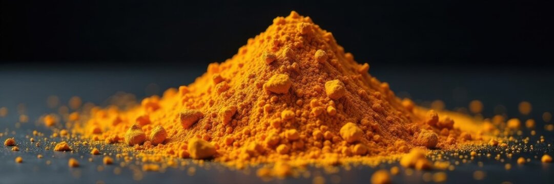 Mound of turmeric powder, vibrant orange against deep black , vibrant, yellow