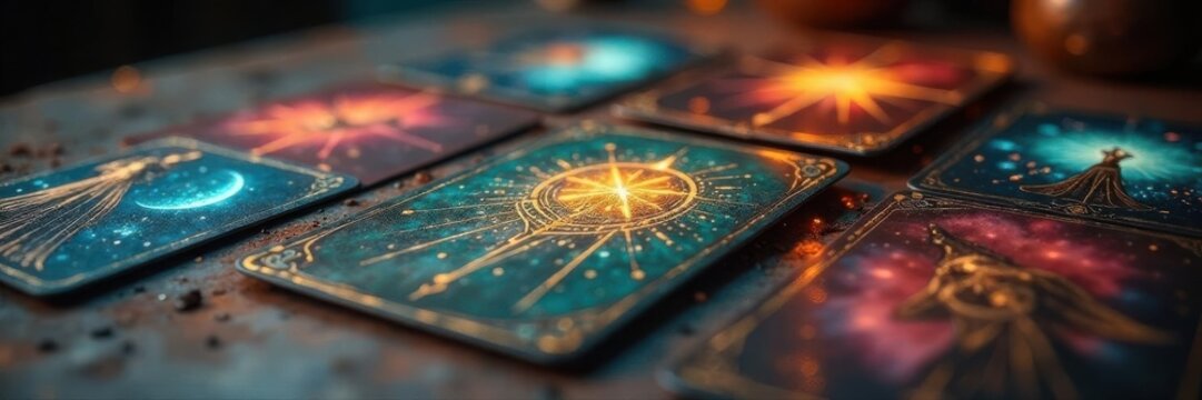 Mystical tarot spread, cards in focus, others blurred, witchcraft, design
