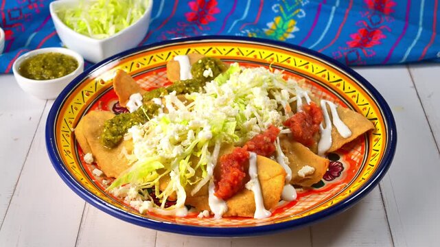 Mexican crispy tacos molotes topped with lettuce, salsa, sour cream and cheese