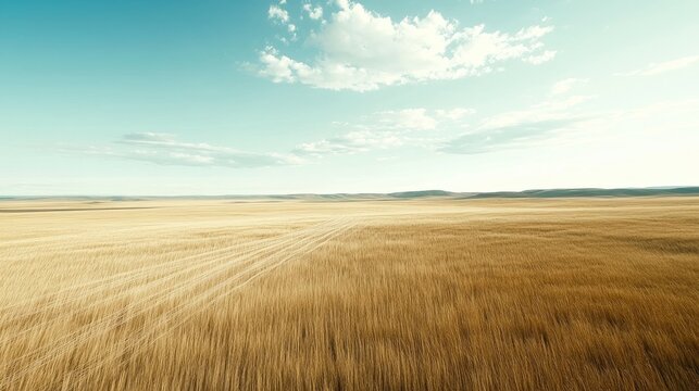 Vast golden steppe landscape under a bright blue sky with scattered clouds during summer