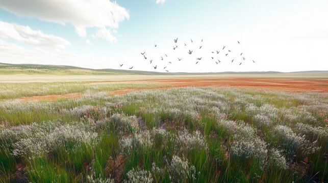 Vast green and orange flowering fields stretch towards rolling hills under a cloudy blue sky with birds flying