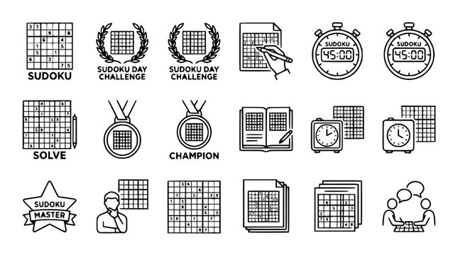 Sudoku Game Icons Set: Brain Teaser Puzzle, Challenge, Competition, Strategy, Logic