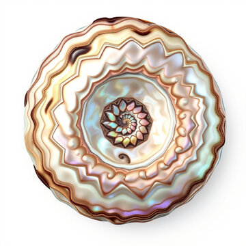 Stylized circular abalone shell with spiral nacre pattern