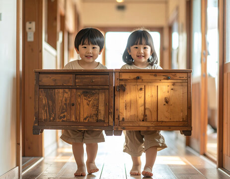 Two Japanese Children Carrying Wooden Storage Cabinets During Family Home Cleanout