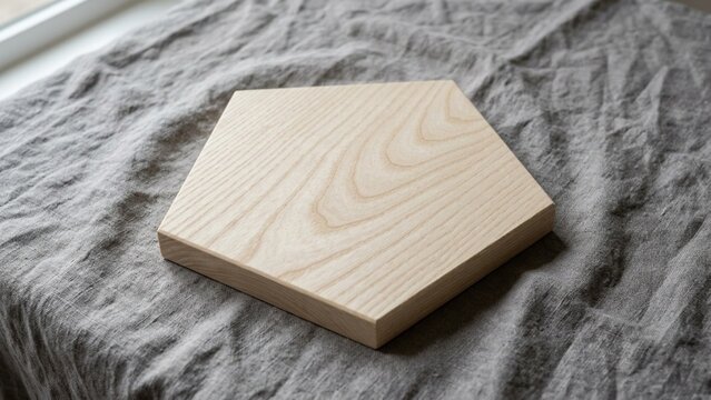 Minimalist Pentagonal Wood Block on Grey Linen Fabric Background