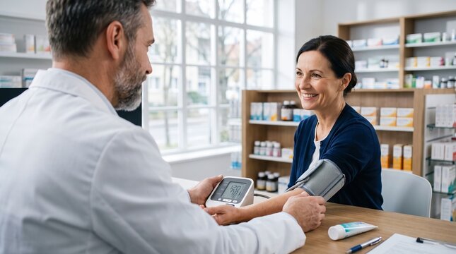 Blood Pressure Measurement Taken by a Professional Pharmacist for a Smiling Mature Woman at a Modern Pharmacy