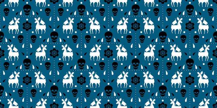 skull, pattern, deer, flower, gothic, folk, seamless, monochrome,