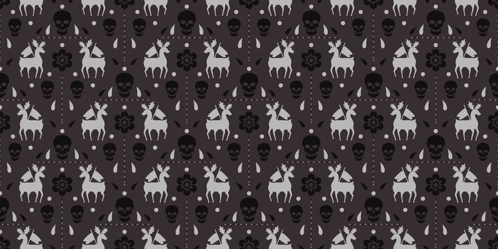 skull, pattern, deer, flower, gothic, folk, seamless, monochrome,