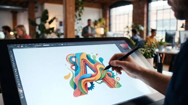 Graphic designer using a digital pen to draw a colorful abstract letter A on a tablet in a modern studio to create professional branding for business financing services