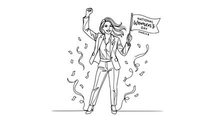 Woman celebrating National Women's Day holding flag with confetti isolated