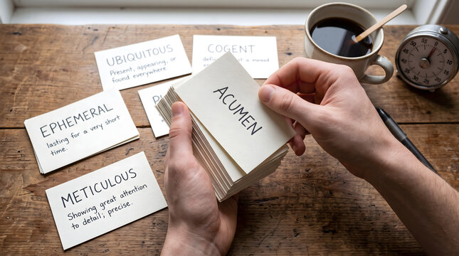 Learning vocabulary flashcards with coffee and timer