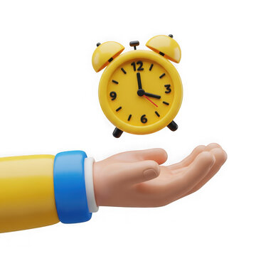 3d rendered alarm clock on a hand with a yellow background