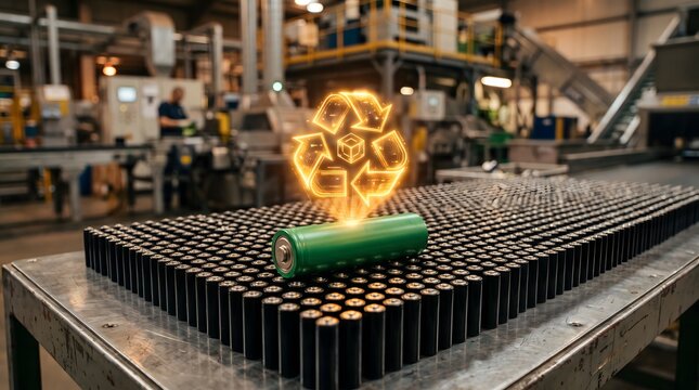 Sustainable Battery Recycling Process Concept Featuring Lithium Ion Cells In A Modern Industrial Manufacturing Facility Production Line
