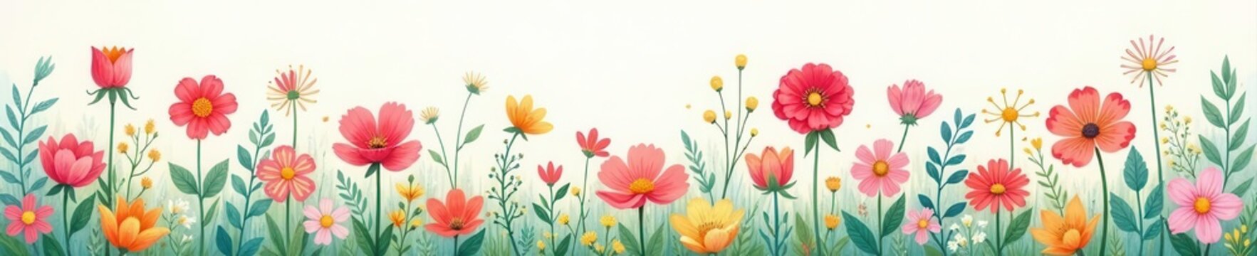 Pastel crayon flower meadow seamless border Childlike hand-drawn floral pattern , border, pattern