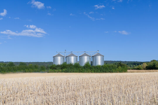 four silos at an agricultural field under blue sky