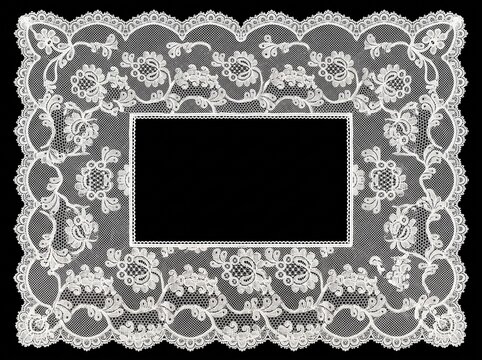 Vintage ivory lace rectangular frame vector illustration with ornate floral pattern and scalloped border on black background