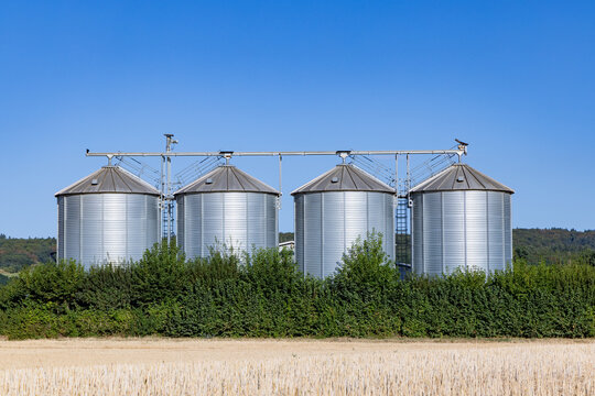 four silos at an agricultural field under blue sky