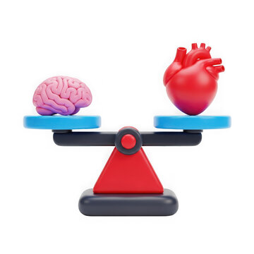 3d rendered image of a balance scale with brain and heart models on each side