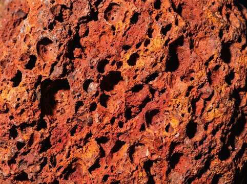 Red volcanic scoria fills the frame with vivid iron-red vesicular texture in raking sidelight &mdash; volcanic fire geology as bold vivid fine art. Ideal for dramatic, geology, and bold design backgrounds.