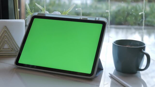 Digital tablet with green screen mockup sits on desk. Coffee mug and pencil rest nearby. Natural daylight highlights workspace. Ideal for app demos or digital content