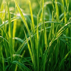 Naklejka premium Dewdrops on green grass blades illuminated by golden morning sunlight