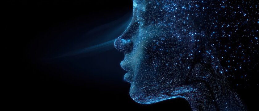 Abstract digital human face profile with blue light particles