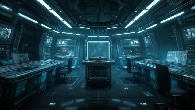 Futuristic sci-fi spaceship command bridge interior with glowing blue computer consoles