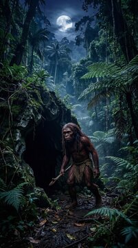 Primitive hominid in a dark jungle. Ancient human ancestor exploring a tropical forest.