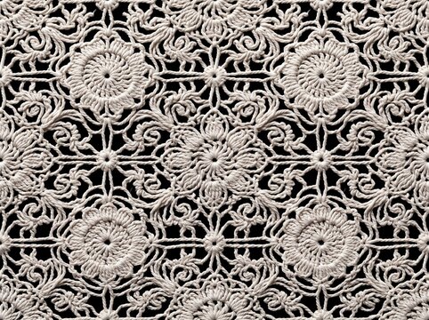 Vintage white crochet lace pattern vector illustration with floral rosette medallions and guipure embroidery on black background