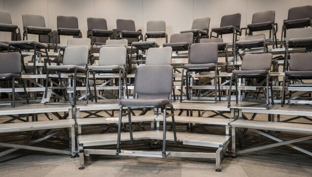 Focused medium shot of assembling tiered seating rows arranged in cabaret style chairs and riser frames highlighted against a subtly blurred background.