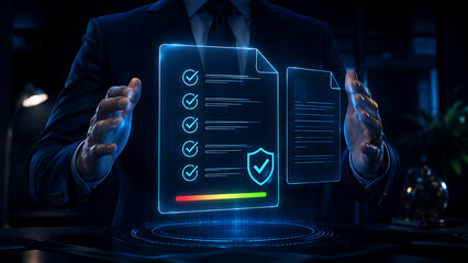 Fototapeta premium Businessman Interacting with Futuristic Digital Document Checklist and Security Shield Hologram