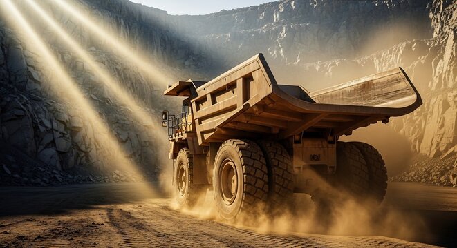Massive Mining Dump Truck Hauling Material in a Quarry Under Dramatic Sunlight.