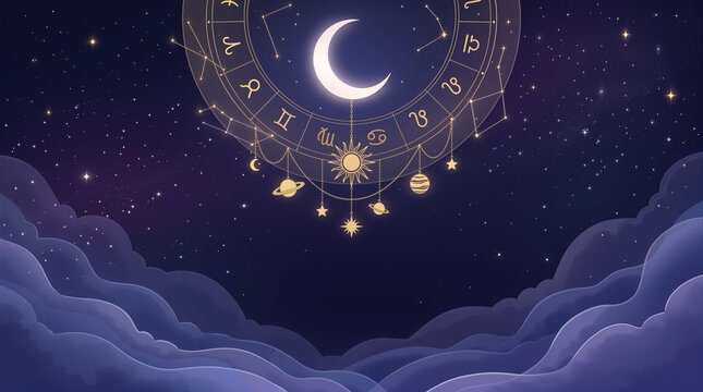 Mystic Astrology Zodiac Wheel Background with Crescent Moon and Golden Planets 幻想的な夜空に浮かぶ三日月と黄道十二星座のホイールが美しい占星術向け神秘的背景素材