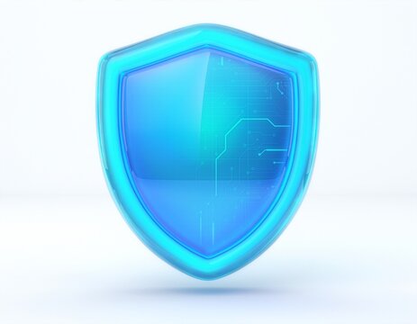 Glowing blue shield with circuit patterns on a clean white background, symbolizing digital protection, cybersecurity, privacy, secure networks, and technology.