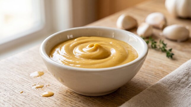 Creamy sauce in ceramic bowl for cooking. Fresh, appetizing condiment for meals.