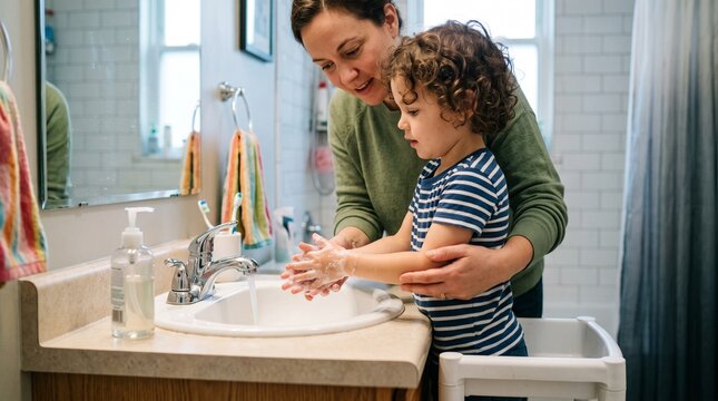 Young girl washing hands at sink. Child hygiene and family care in bathroom setting.