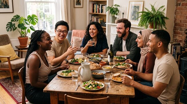 Diverse friends enjoying healthy lunch together at home. Multiethnic group sharing fresh vegetarian meal in cozy living room.