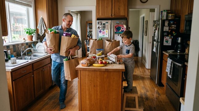 Father carrying groceries into kitchen. Family shopping and meal prep. Male parent bringing home food, everyday household activity.