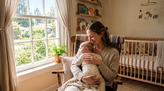 Mother holding baby in cozy home setting. Caring parent bonding with infant, nurturing and loving moment.