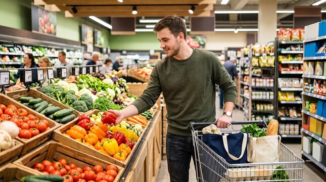 Man shopping for fresh produce in grocery store. Male customer selecting organic vegetables in supermarket aisle.
