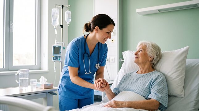 Professional nurse assisting elderly patient in hospital room. 