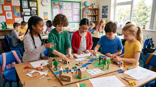 Schoolchildren working on classroom project. Kids collaborating with educational toys and models in a bright, cheerful classroom setting.
