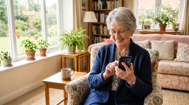 Elderly woman texting on smartphone at home. Senior female using mobile phone for messaging and social media in cozy living room.