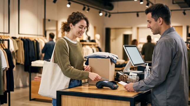 Young professional woman paying with contactless credit card at retail checkout. 