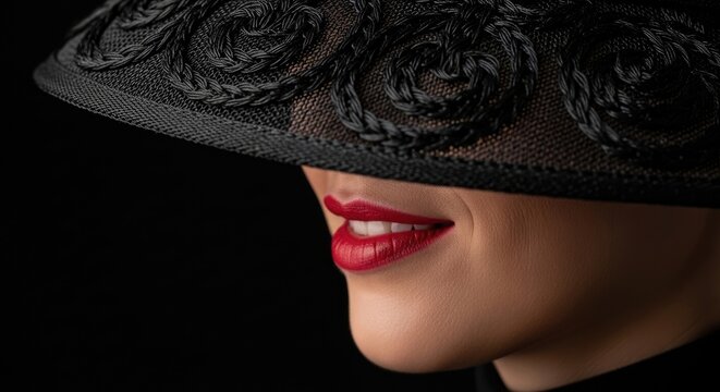Woman in elegant black hat and red lipstick