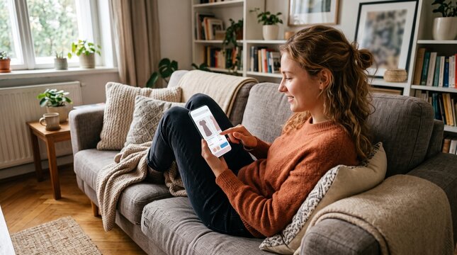 Woman shopping online with smartphone on sofa. Female consumer browsing e-commerce site at home.