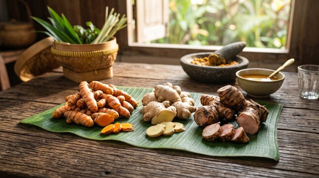 Eye-level full shot of fresh turmeric, ginger, and galangal roots arranged on banana leaf over rustic wooden table, traditional herbal remedies, Indonesian jamu ingredients, and natural wellness