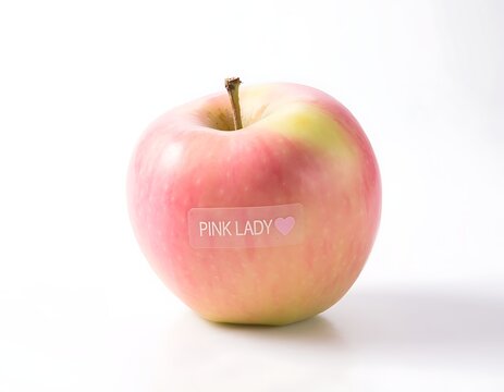 Close up of a single pink apple with a bite mark.