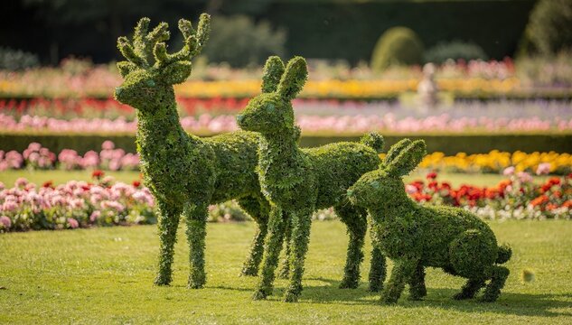 Focused medium view of a gardens topiary animal sculptures standing out sharply against a gently defocused mix of colorful floral displays and manicured lawns.