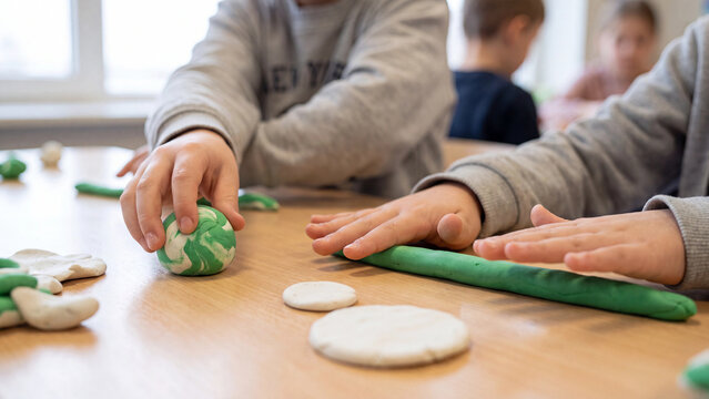 Students manipulate green and white modeling clay to form various shapes while sitting together at a school desk during an art class lesson.
